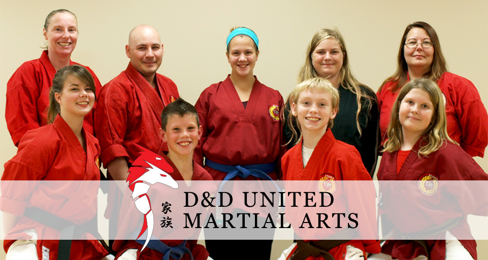 Image of people of various ages looking happy in karate gi. Image is overlayed with the two dragons logo of D & D United Martial Arts